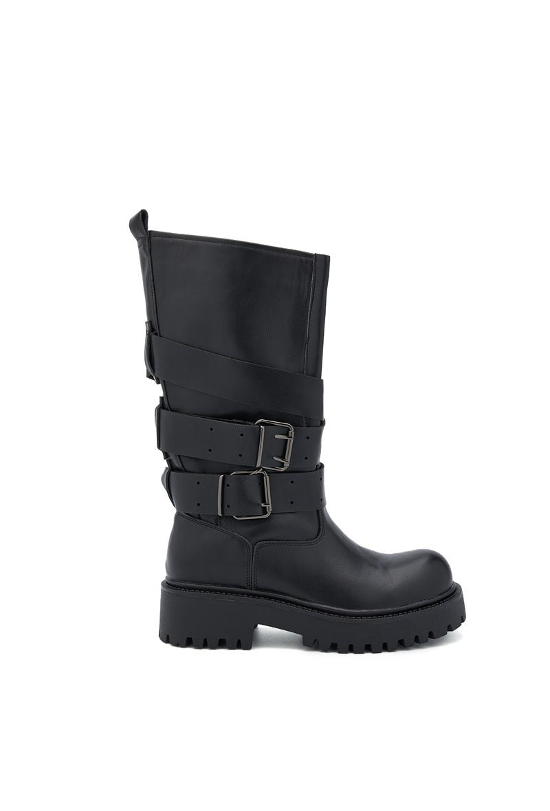 Faux Leather Buckle Biker Boots Black - Image 5