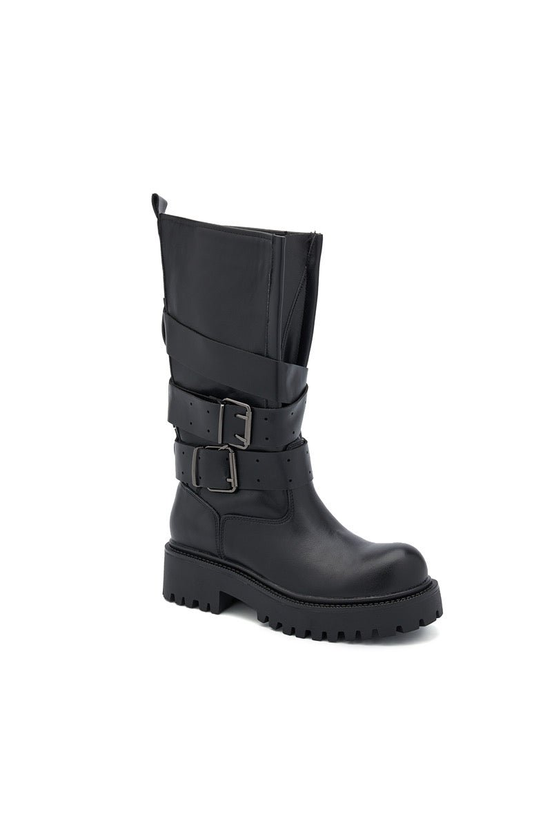 Faux Leather Buckle Biker Boots Black - Image 3