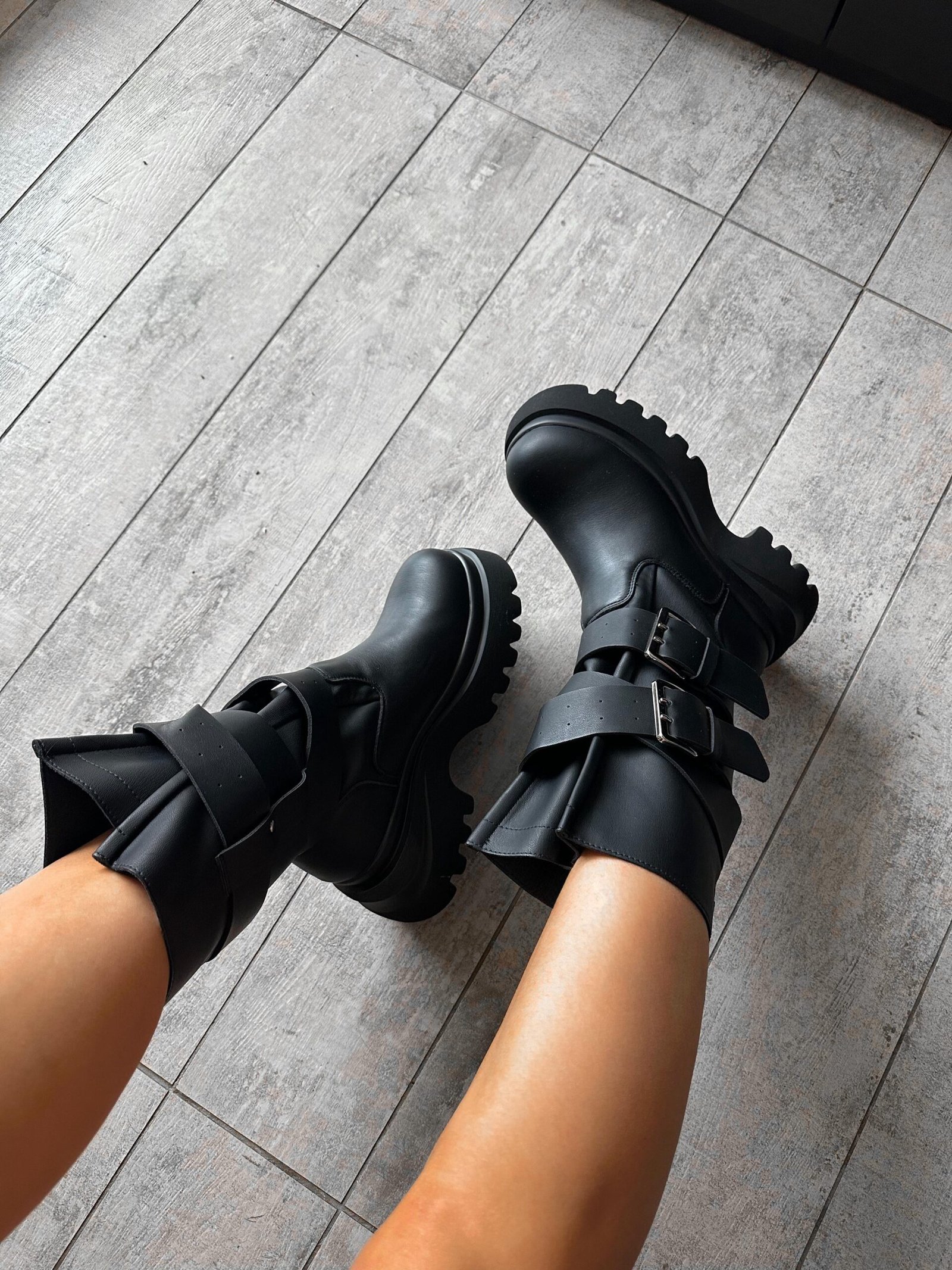 Faux Leather Buckle Biker Boots Black