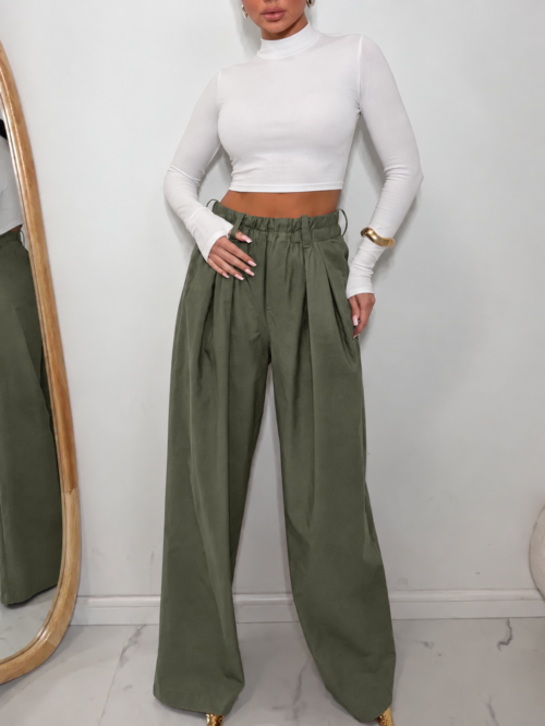EMO Wide-Leg Trousers with An elasticated waistband Khaki