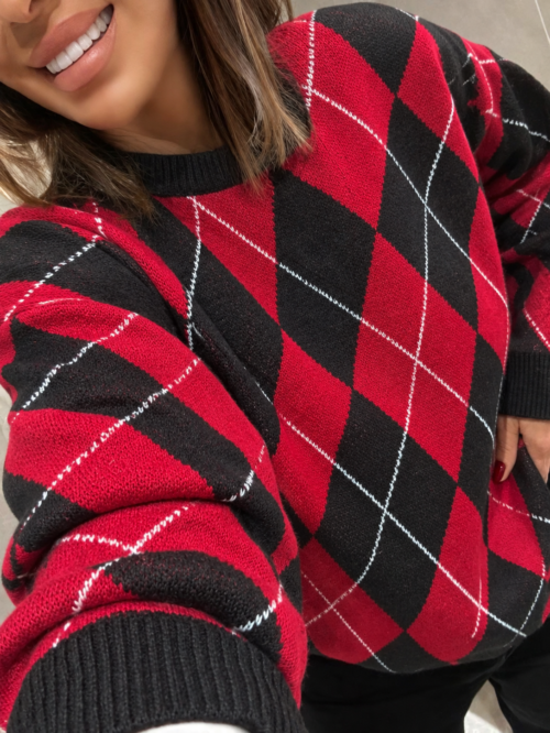 EMO Argyle Knit Sweater Red Black