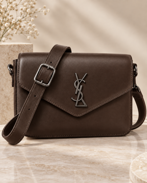 Natural Leather Crossbody Handbag Dark brown