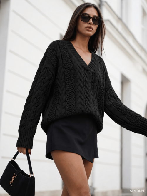 Cable Knit V-Neck Rocco Sweater Black