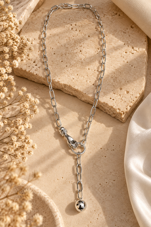 COLIBRA Silver-Plated Long Necklace – Statement Hand Clasp