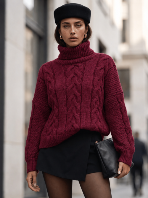 Cocomore Halston Oversized Cable Knit Turtleneck Sweater burgundy