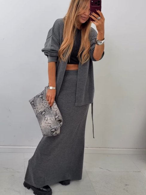 EMO Women's Two-Piece Knitted Set Long Skirt & Cardigan Graphite
