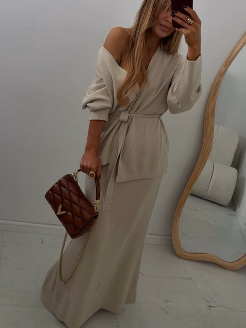 EMO Women's Two-Piece Knitted Set Long Skirt & Cardigan Sandy Beige