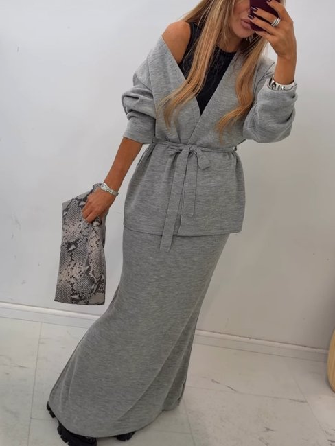 EMO Women's Two-Piece Knitted Set Long Skirt & Cardigan Light Grey
